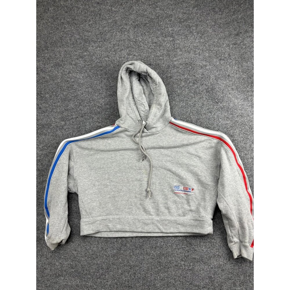 Adidas Hoodie Womens Medium Gray Cropped Trefoil Sweatshirt Red Blue Stripes